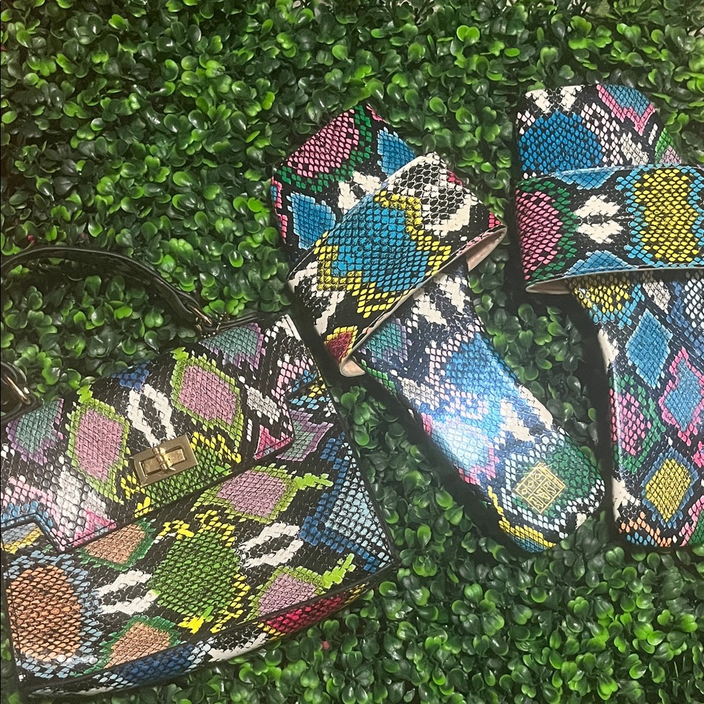 Colorful Snakeskin Handbag and Sandals Set